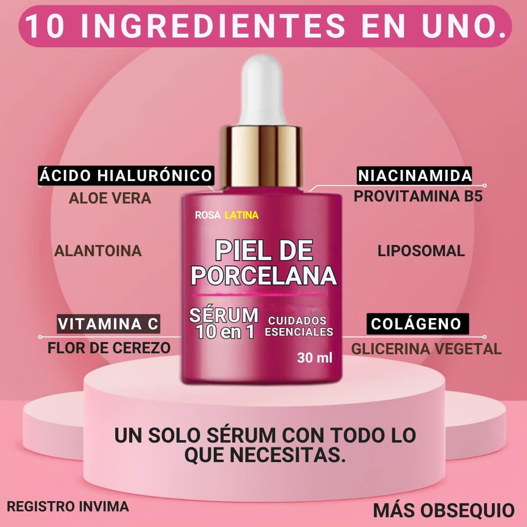 SERUM PIEL DE PORCELANA 10 EN 1. REDUCE MANCHAS, ARRUGAS Y ACNE + OBSEQUIO.®️