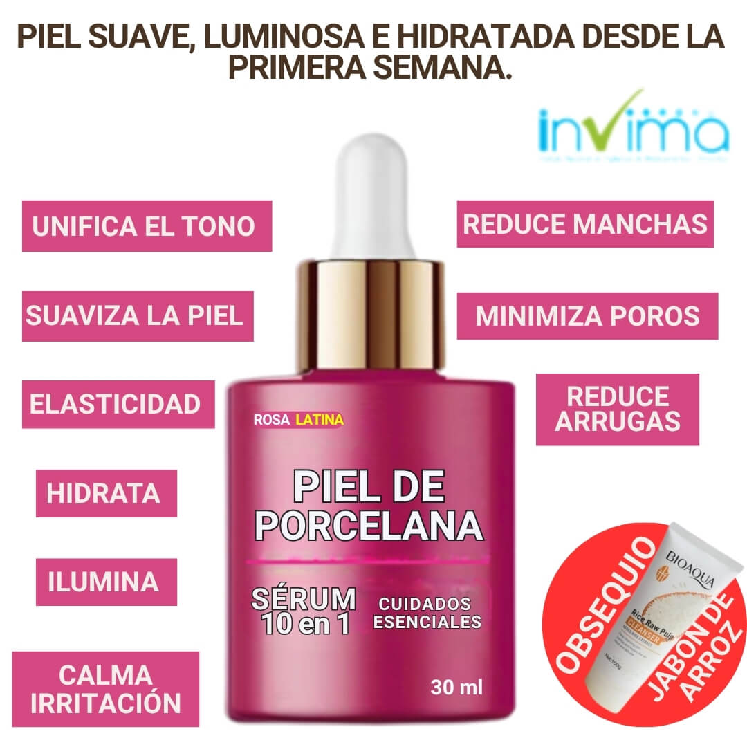 SERUM PIEL DE PORCELANA 10 EN 1. REDUCE MANCHAS, ARRUGAS Y ACNE + OBSEQUIO.®️