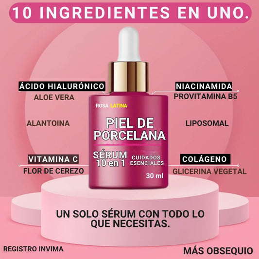 SERUM PIEL DE PORCELANA 10 EN 1. REDUCE MANCHAS, ARRUGAS Y ACNE + OBSEQUIO.®️
